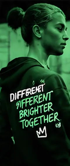 Student in a hoodie reading DIFFERENT BRIGHTER TOGETHER, shown in a green duotone.