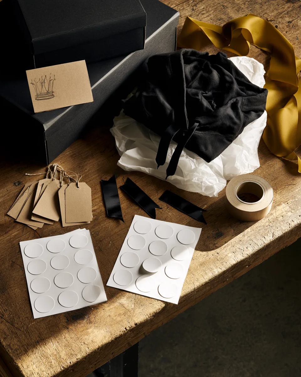 Overhead still life of black merchandise packaging on a worn wood workbench: black mailer boxes, a folded black hoodie in white tissue paper, blank kraft hang tags on string, blank sticker sheets, unmarked kraft tape, black woven ribbon strips, and a kraft card with a hand-drawn pencil crown sketch