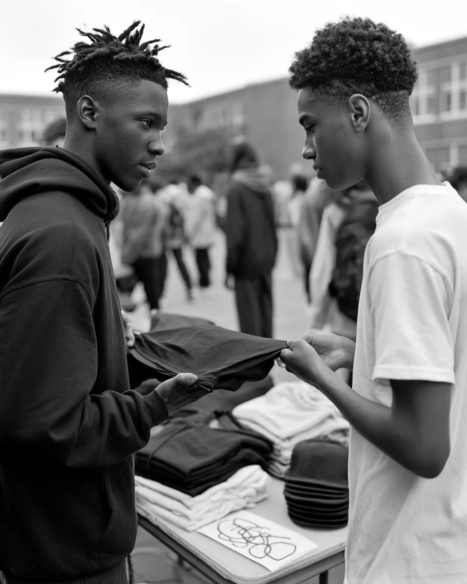 Black-and-white documentary photo of two high-school students at a merch pop-up table in a school courtyard, one handing a folded black t-shirt to the other, with folded black and white hoodies, a stack of blank caps, and a handwritten price card with no legible text