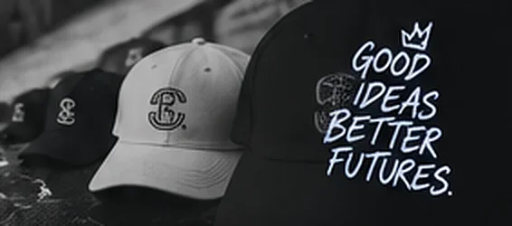 Row of school caps on a table beside the phrase GOOD IDEAS BETTER FUTURES.