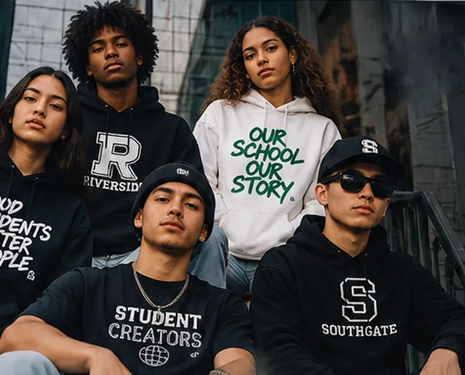 Five high school students in black and white school hoodies pose together on outdoor campus steps, looking straight at the camera.